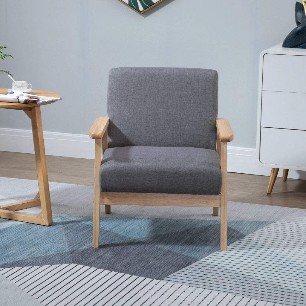Poltrona da salotto in stile scandinavo con struttura in legno, rivestimento in lino, colore grigio, 64 x 70 x 72 cm