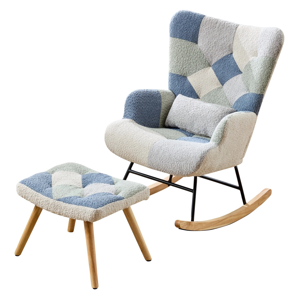 Poltrona a Dondolo con Pouf 122x68x91 cm Beige e Blu Pied-de-Poule; Portata 110 kg
