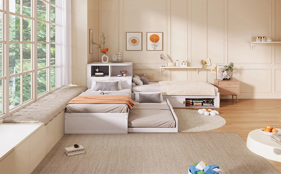 Letto singolo 90 × 200 cm con letto estraibile, contenitore con ante scorrevoli et luce notturna LED, senza materasso, bianco