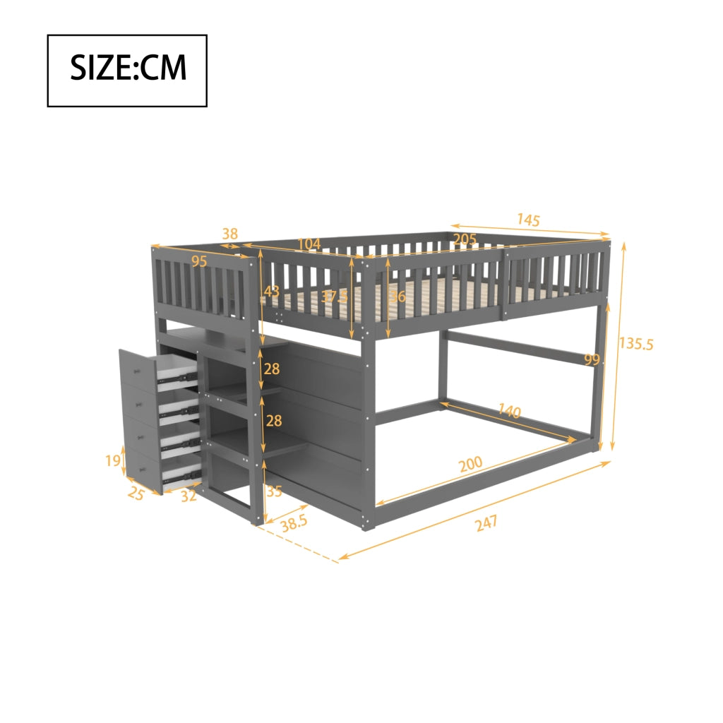 LETTO A CASTELLO BASSO 140x200 cm in legno grigio con scala e 4 cassetti