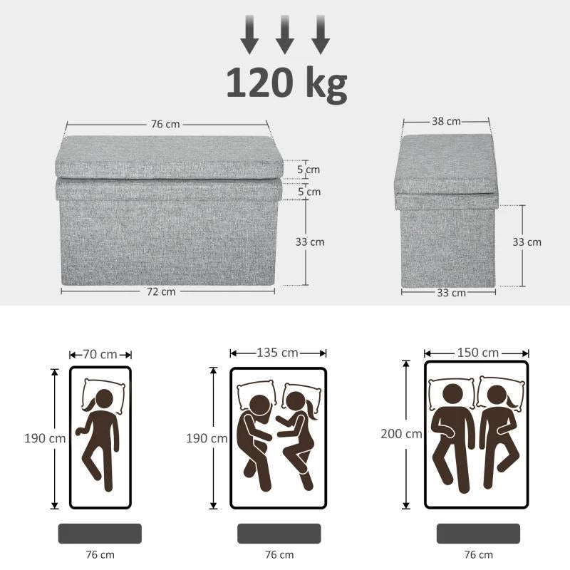 PANCA CONTENITORE PIEGHEVOLE CON SCHIENALE E VANO DA 77L, RIVESTIMENTO IN TESSUTO, 76X50X73 CM, GRIGIO