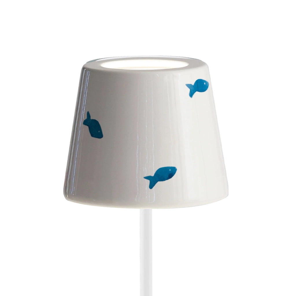 Cover ceramica ø.130x100mm. x poldina decoro pescetti blu su fondo bianco
