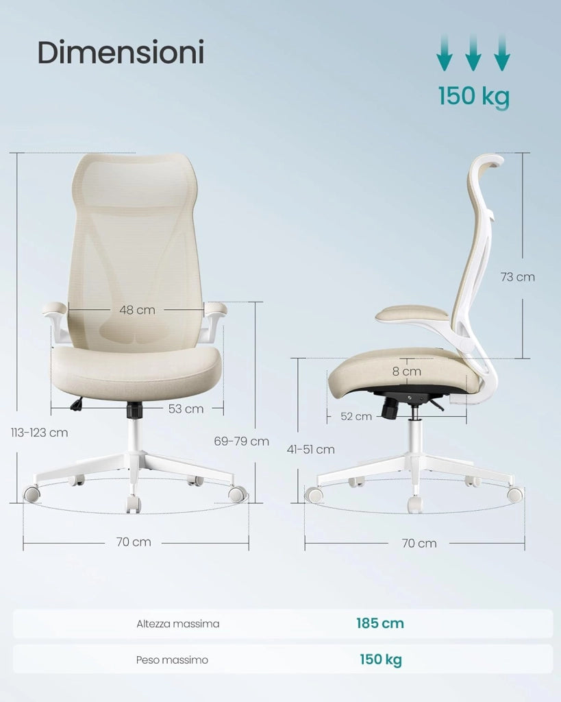 SONGMICS Sedia da Ufficio, Sedia da Scrivania, Schienale Ergonomico, Altezza Regolabile, Braccioli Ribaltabili, Poltrona Girevole con Poggiatesta, Portata 150 kg, Beige Cappuccino OBN088K01