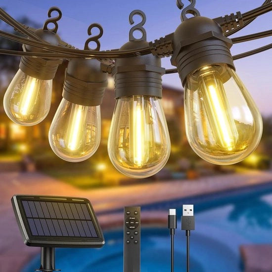 Luci da Terra Esterne a LED Solari - 10LED 12,5M - Bulbi Solari - Ricarica USB/Solare - 4 Modalità - 3 Modalità di Installazione Pannelli Solari - Giardino Balcone Festa