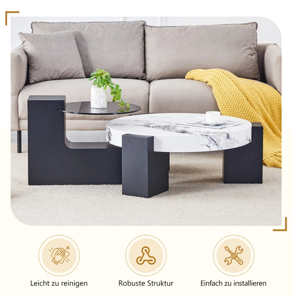 Set di tavolini rotondi MDF e vetro effetto marmo bianco