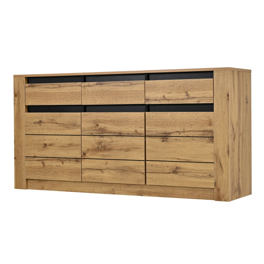 Credenza da sala da pranzo, mobile a tre ante, in truciolato, con 3 cassetti, color legno naturale
