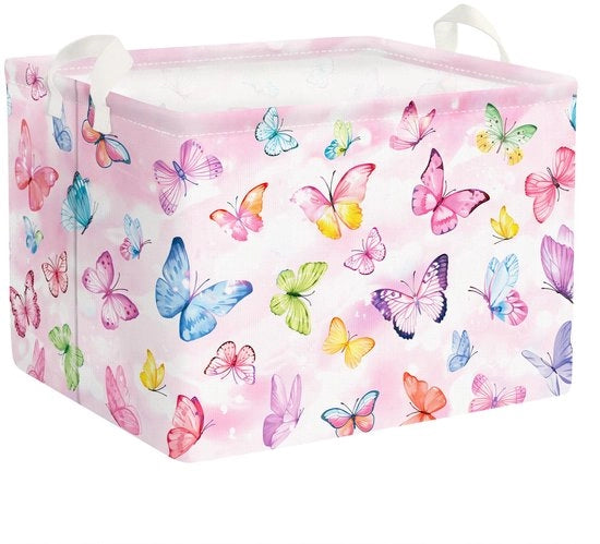 Cassa di Stoccaggio per Bambini 36L con Maniglione e Maniglia, Cestino per Bambini con Forma di Farfalla Rosa