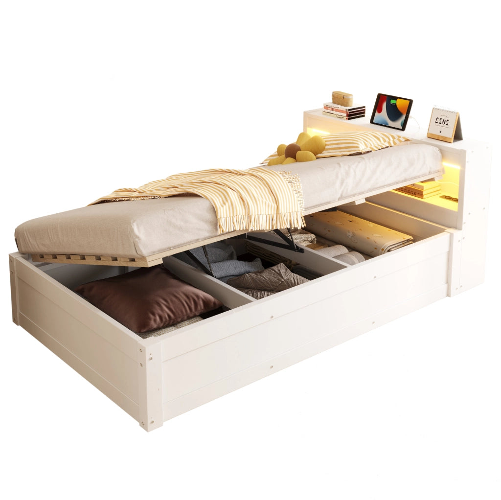Letto multifunzione 90x200 cm con presa integrata; LED e contenitore salvaspazio; bianco