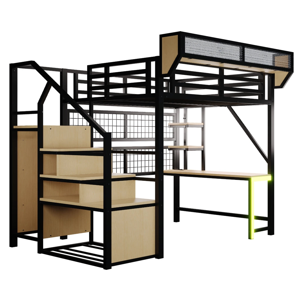 Letto a soppalco in metallo 140 x 200 cm con scrivania, scaffali, rete portaoggetti, scala di sicurezza, LED e presa, nero