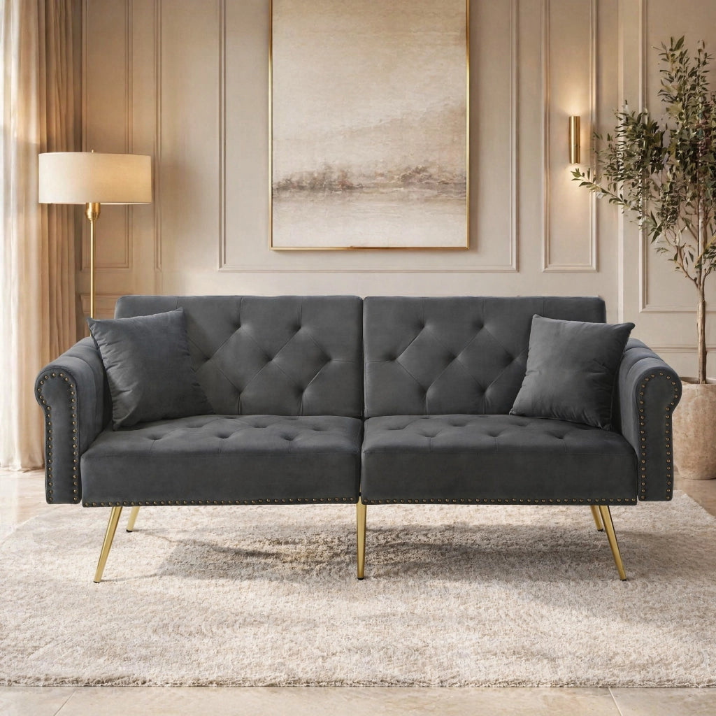Divano Letto 2 Posti con Schienali Regolabili in 3 Posizioni e 2 Cuscini, in Velluto Antique Gray