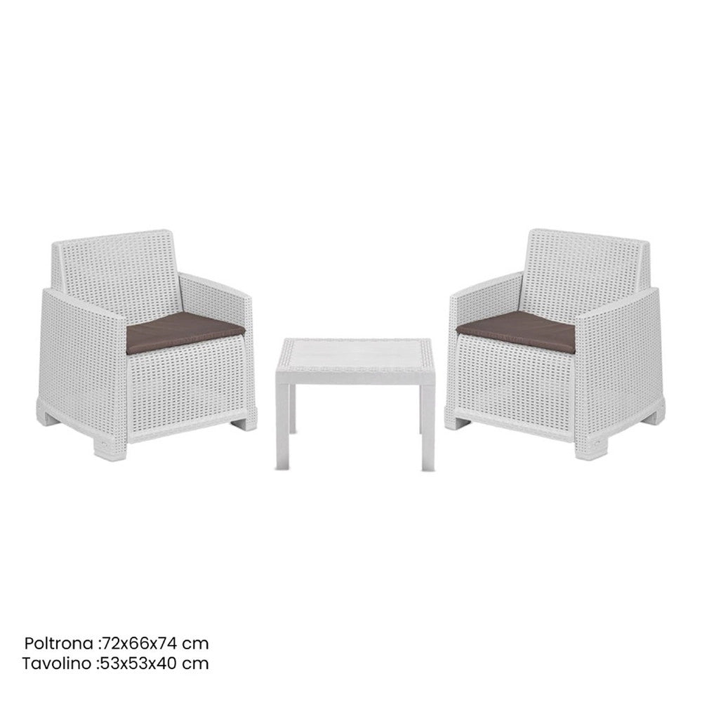 Trade Shop - Set Salotto Da Giardino Con 2 Poltrone Cuscini Tavolino In Polipropilene Effetto Rattan -