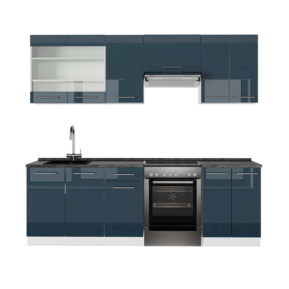 Cucina componibile Fame-Line Blu scuro lucido/Bianco 240 cm, PL Antracite Vicco