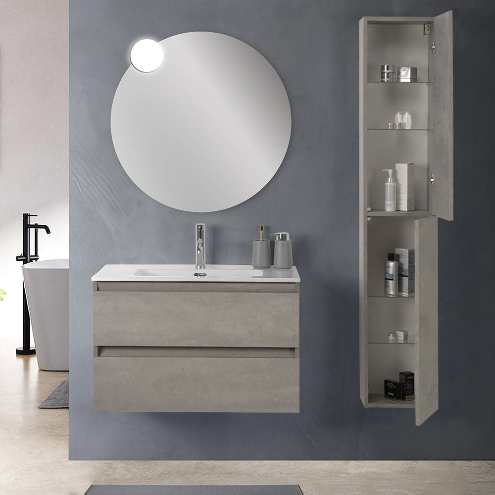 Mobile bagno sospeso 80 cm in legno grigio cemento 2 cassettoni con lavabo e specchio Leda