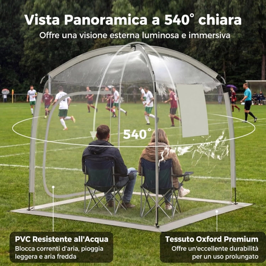 Tenda a Bolla Trasparente per 2-4 Persone, Vista Panoramica a 540°, Tenda Sportiva Pieghevole con 4 Corde Antivento, 4 Picchetti e Borsa per Eventi Sportivi, Pesca e Campeggio