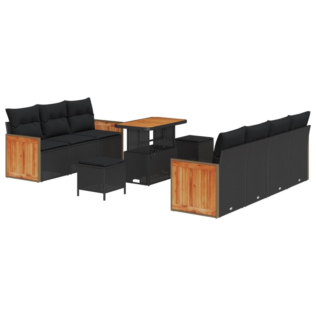 Set Divano da Giardino in 10 Pezzi con Cuscini Rattan Nero e Acacia