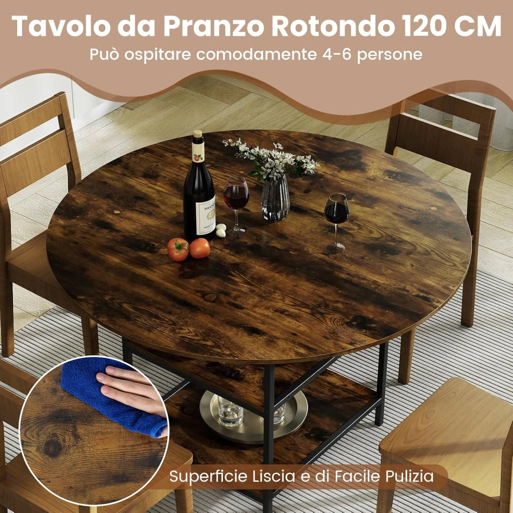 Tavolo da Pranzo Rotondo 120 cm per 4-6 Persone, Tavolo da Cucina Rustico con Ripiano Aperto a 2 Livelli e Struttura in Metallo, Tavolino in Legno per Sala da Pranzo (Marrone)