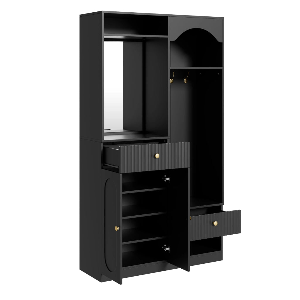 Guardaroba da ingresso con specchio; panca; ganci; vani e LED multicolore; in MDF nero; 100 Ã— 35 Ã— 180 cm