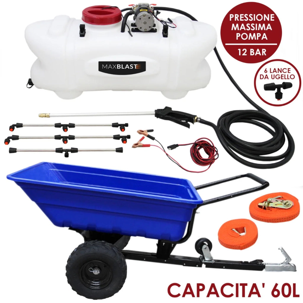 Rimorchio ATV Ribaltabile 295 kg con Irroratrice a 6 Ugelli e Serbatoio 60L