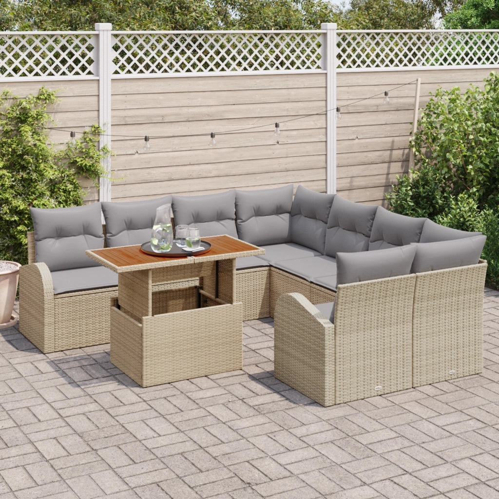 Set Divano da Giardino  9 Pezzi con Cuscini Beige Polyrattan