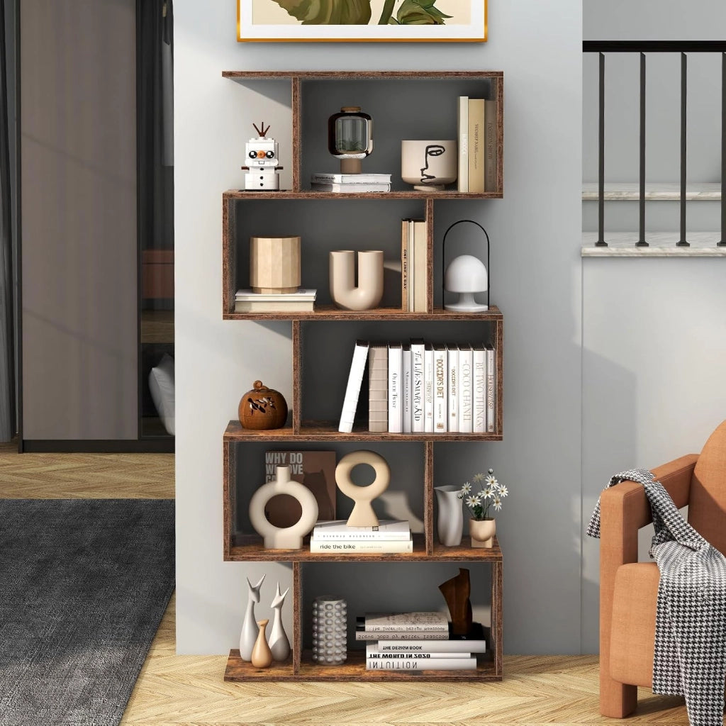 Scaffale in Legno a 5 Ripiani, Libreria Scaffale a Forma di S con Dispositivo Antiribaltamento, Divisorio per Soggiorno Ufficio Camera da Letto, 70 x 23,5 x 158 cm