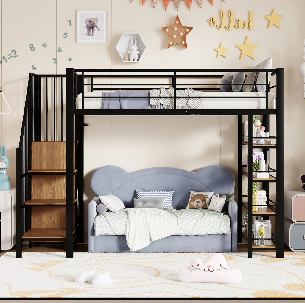 Letto a soppalco ULEVR 90x200 cm con scala contenitore, armadio e ripiani, struttura in metallo nera