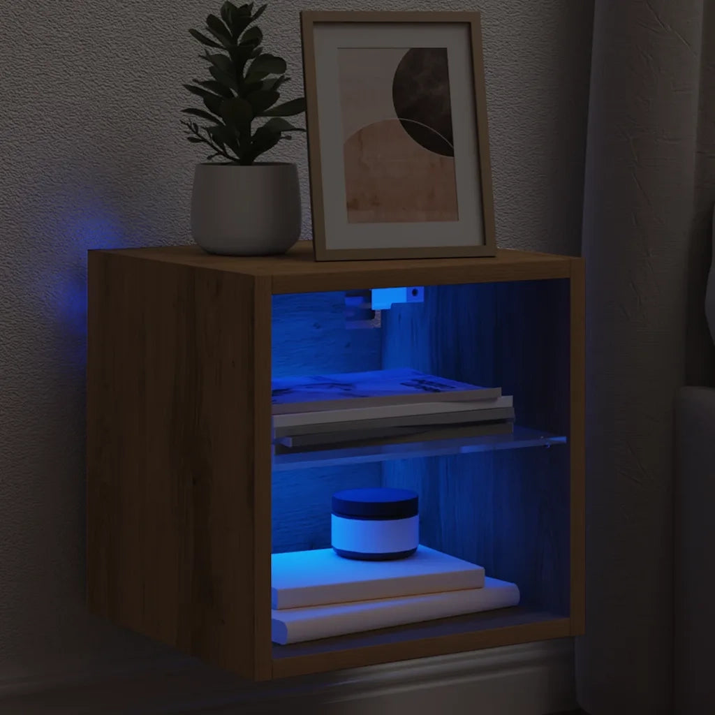 Mobile TV a Parete con Luci LED Rovere Artigianale 30x28,5x30cm