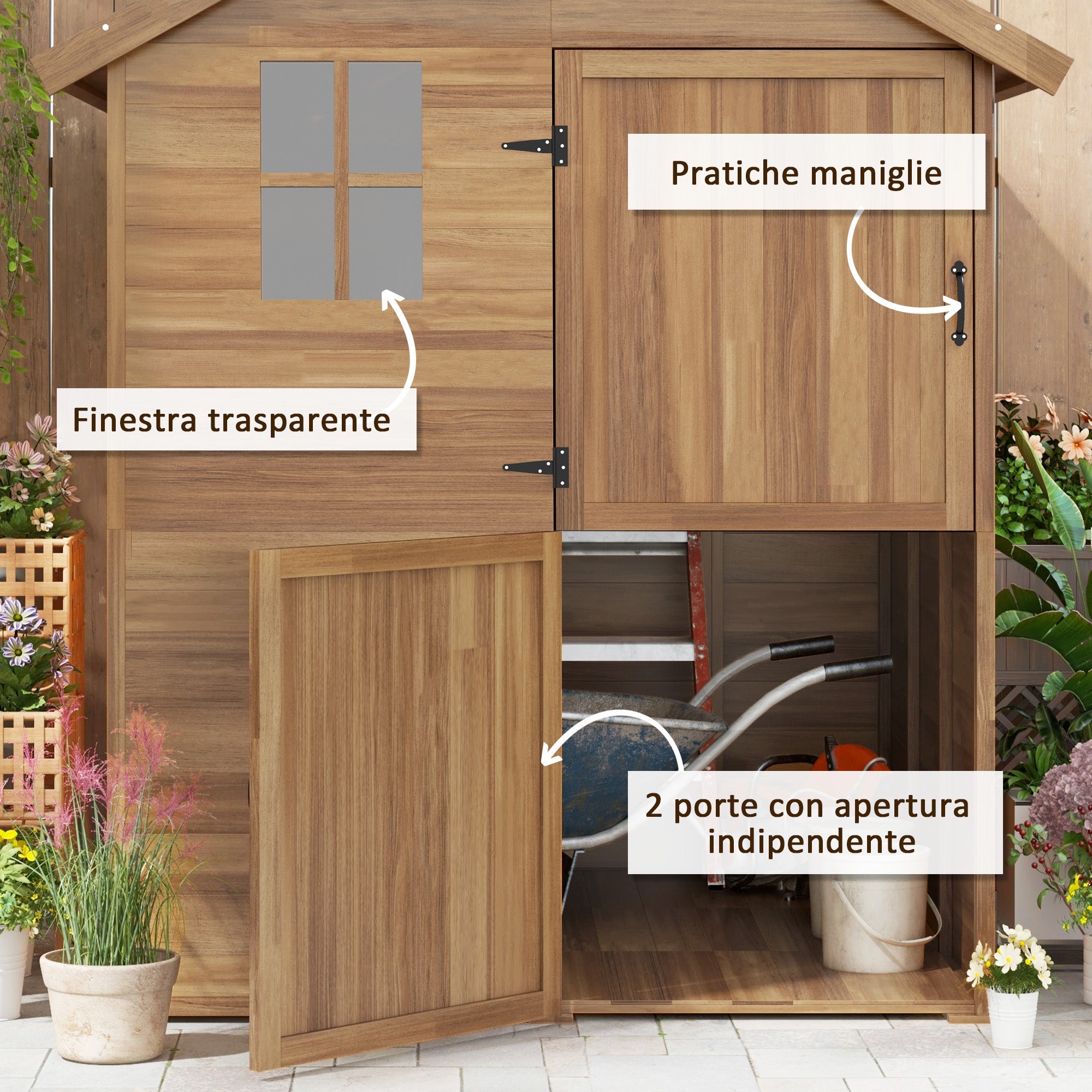 Casetta da Giardino in Legno 1.8x2m con Porta Doppia Finestra e Base Inclusa Colore Legno