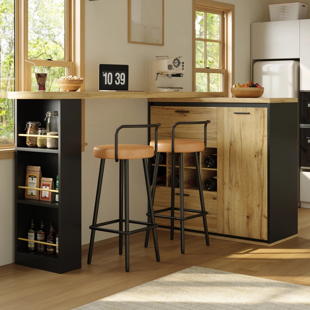 Tavolo da Pranzo Allungabile con 2 Cassetti; Portabottiglie e Ripiani Aperti in MDF e Metallo; Legno
