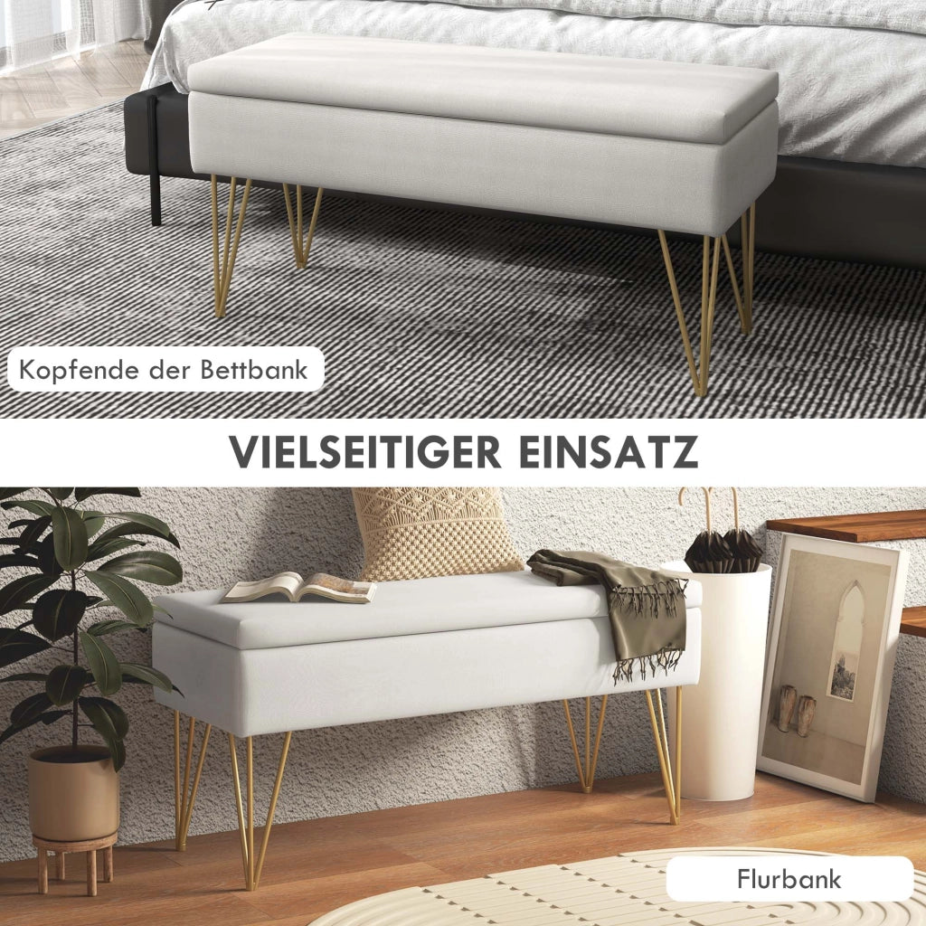 Panca da letto imbottita con vano contenitore e gambe in acciaio in tessuto effetto lino crema 100 × 40 × 49 cm