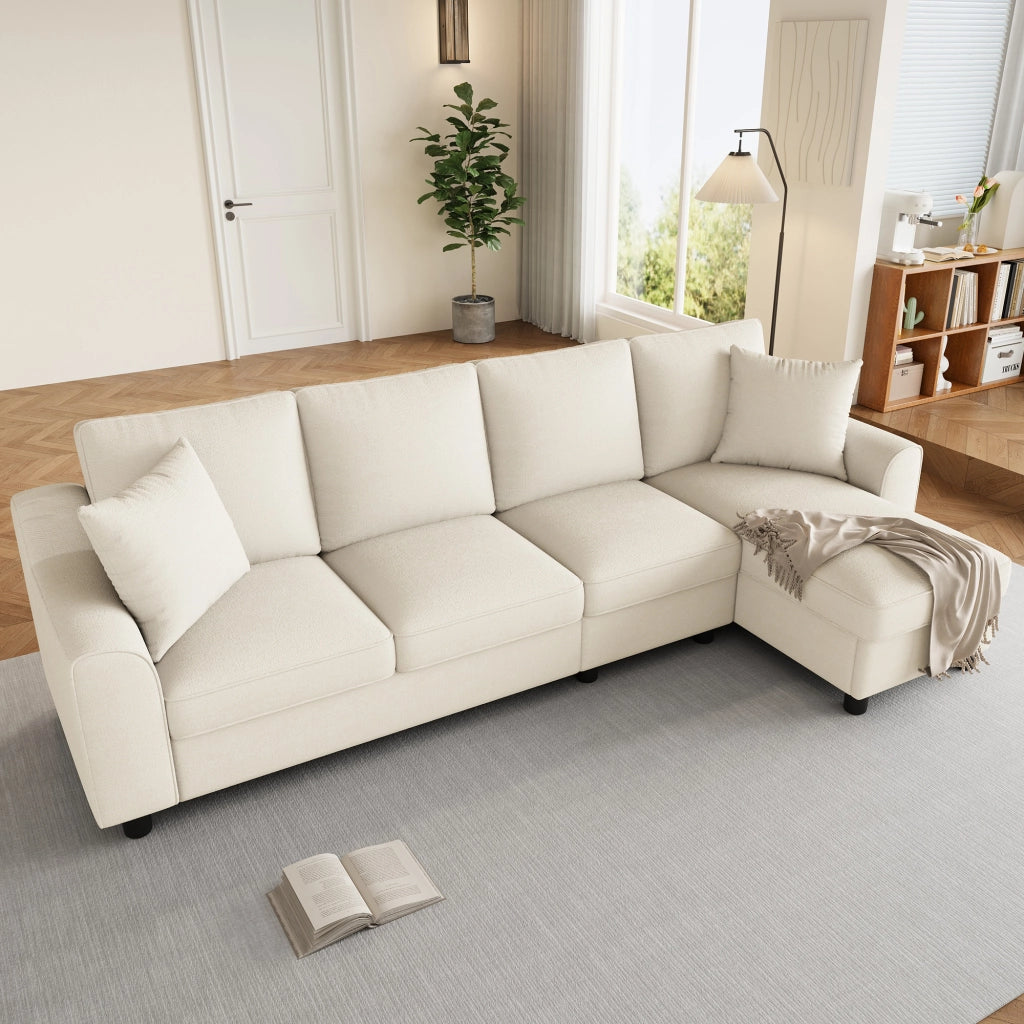 Divano a tre posti, divano ad angolo, tessuto chenille, vano portaoggetti, portabicchieri, design modulare, beige
