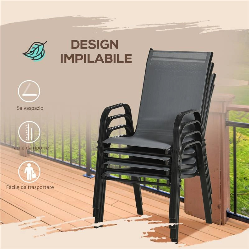 SET 4 SEDIE DA GIARDINO IMPILABILI E SALVASPAZIO CON BRACCIOLI IN METALLO E TESSUTO A RETE, GRIGIO