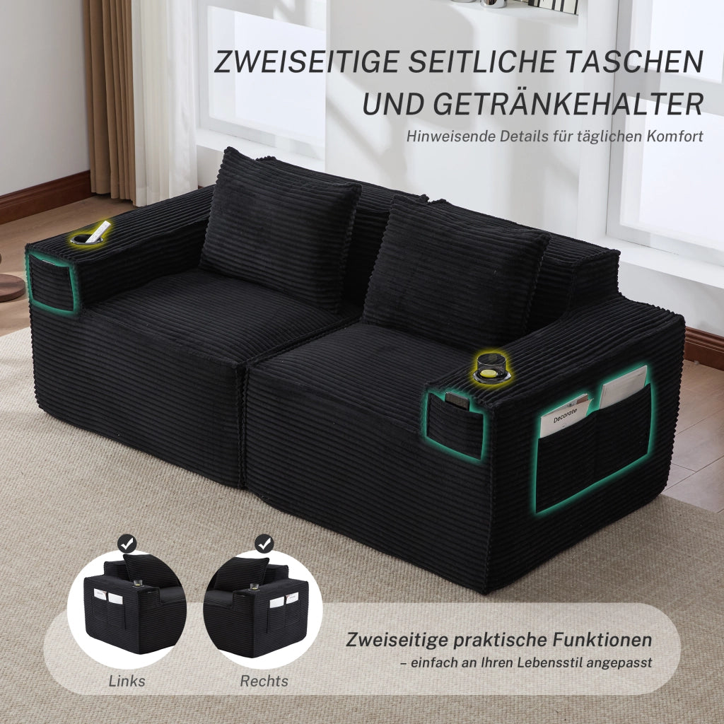 Divano dritto 2 posti con portabicchieri e tasche laterali in velluto a coste nero