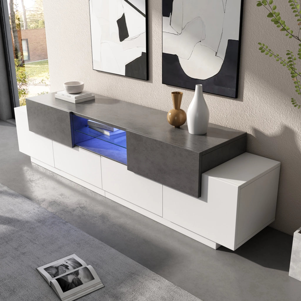 Mobile porta TV con LED, 2 cassetti, 4 ante e 3 ripiani aperti in truciolare e vetro, bianco e grigio 180 × 40 × 45 cm