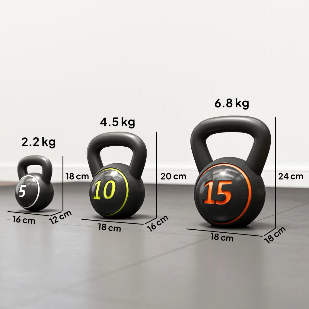 Set 3 Kettlebell da 2.2 kg. 4.5 kg e 6.8 kg con Base Piatta e Portapesi. in Plastica e Sabbia. Nero