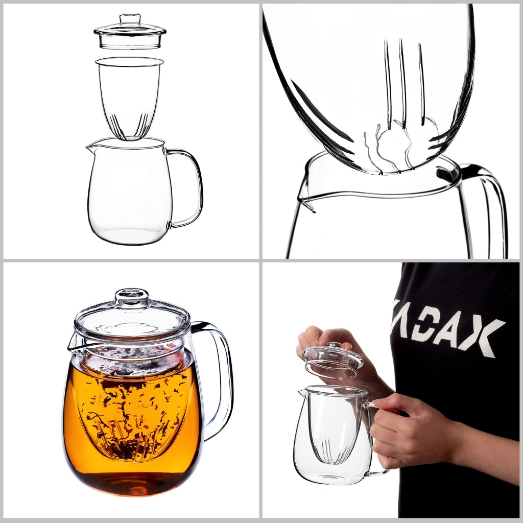 Teiera in vetro KADAX da 600 ml con inserto e infusore per erbe aromatiche.