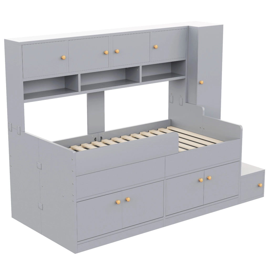 Letto a soppalco 90x200 cm con armadio; ripiani; scala; LED e parapetto di sicurezza; legno grigio