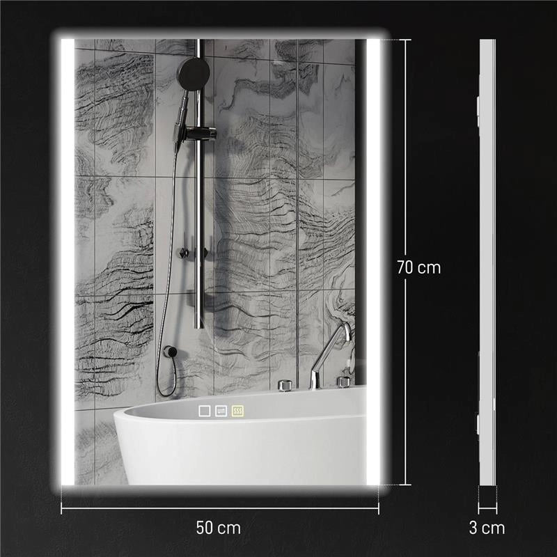 SPECCHIO DA BAGNO CON LUCE LED A 3 COLORI E FUNZIONE MEMORY, IN VETRO TEMPERATO, 70X50X3 CM, ARGENTO