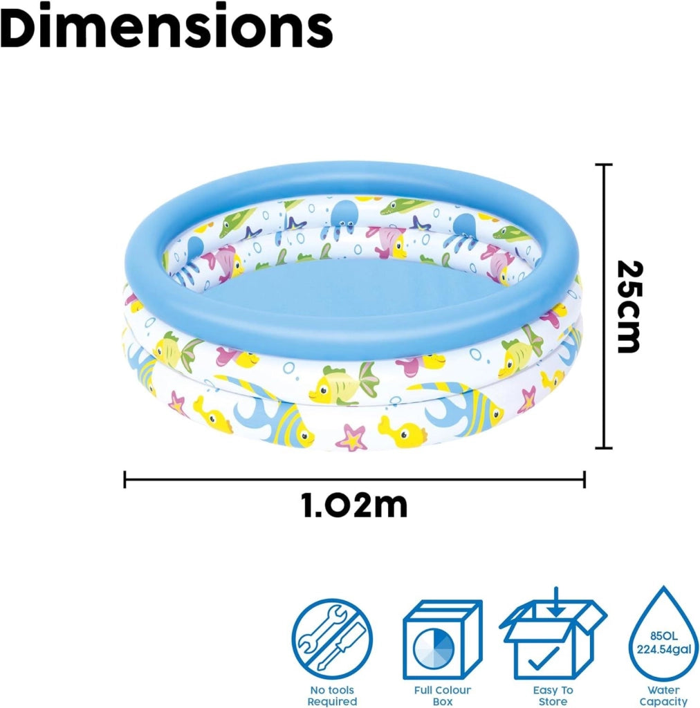BESTWAY PISCINETTA PER BAMBINI 3 ANELLI 102X25 CM CORAL 2 ANNI+ FANTASIA PESCIOLINI