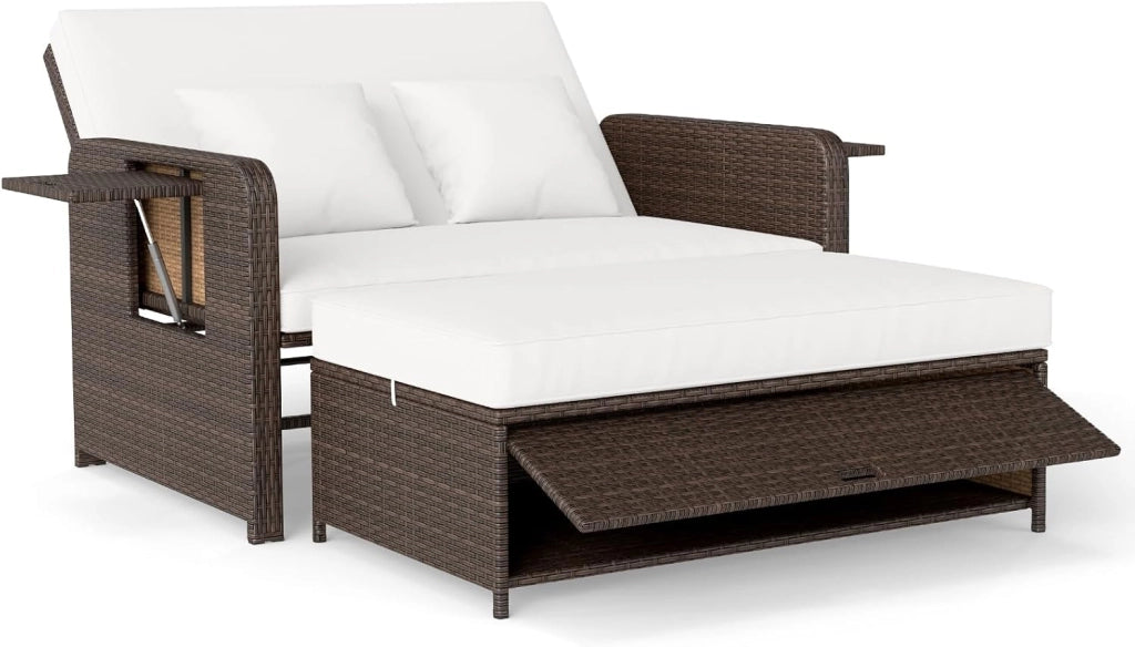 Lettino Prendisole in Rattan, Set 2 Pezzi con Divanetto & Pouf Contenitore, Schienale Regolabile a 4 Livelli e Tavolini Laterali Pieghevoli, Sdraio Doppia per Giardino e Piscina (Bianco)