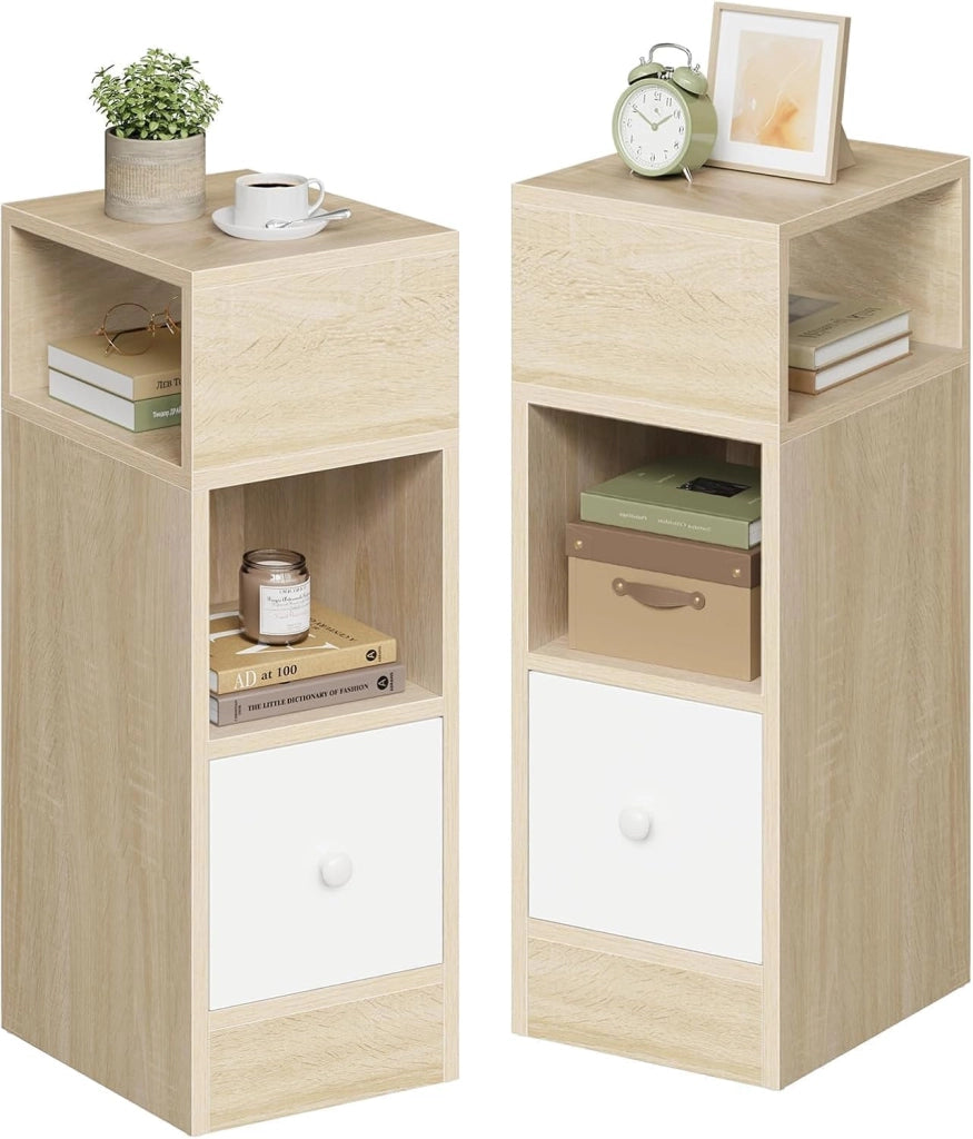 Set di 2 Comodino Stretto, Comodino con 2 Scomparti a Giorno e Cassetto, Tavolino da Notte 25x30x66cm, Mobile Salvaspazio per Camera da Letto, Soggiorno, in Truciolato, Rovere, 0192ZZ-2