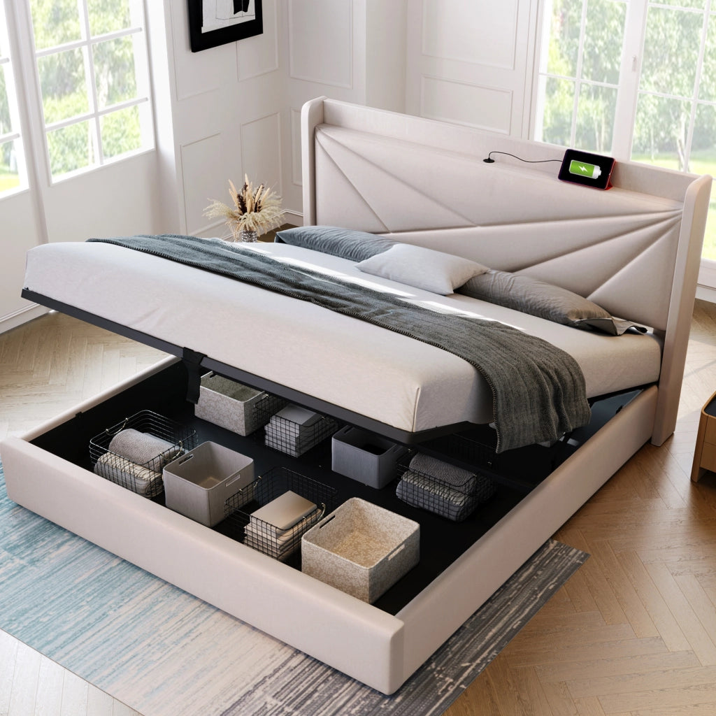 Letto matrimoniale contenitore 140x200 cm con USB e Type-C; testiera in cotone lino beige