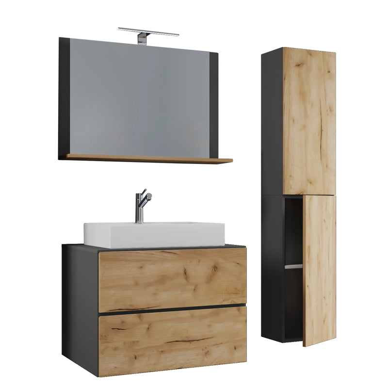 Luce Set Bagno 4 Pezzi Mobile sospeso 2 casetti con lavabo bianco XL in ceramica incl Colonna e specchio, Antr/Rovere
