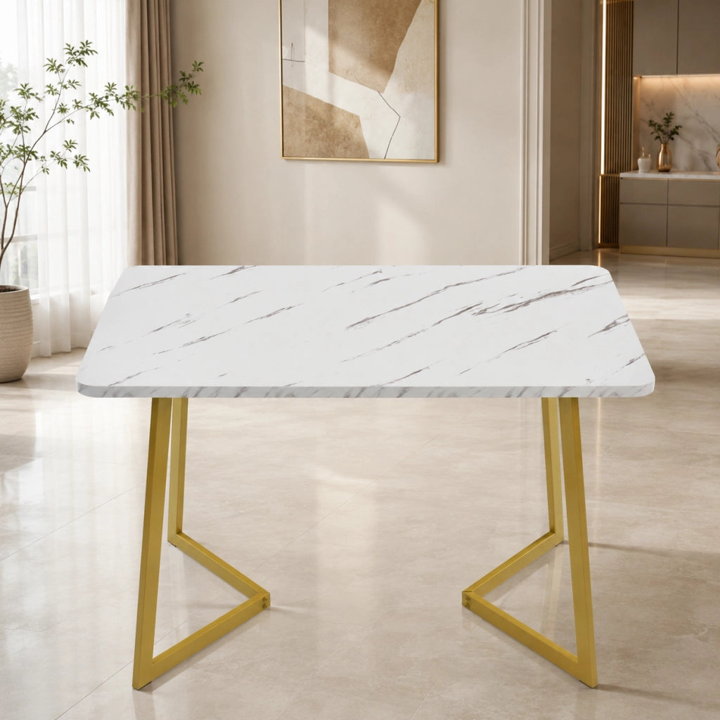 Tavolo da pranzo 117x68x75 cm con piano effetto marmo; gambe in ferro; MDF; bianco dorato