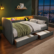 Letto imbottito con 2 cassetti; testiera con LED e USB-C; 140x190 cm; grigio