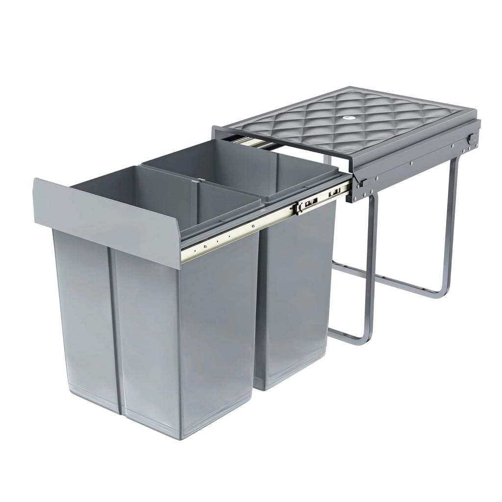Pattumiera per cucina, 2 scomparti, estensibile, per cucina, armadio inferiore con guide telescopiche, sistema di separazione dei rifiuti, grigio, 1 x 20 L + 1 x 10 L