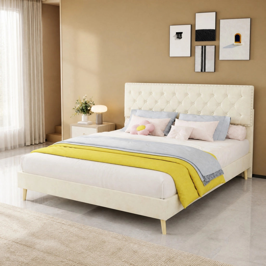 Letto con testiera alta in velluto Dutch 160 x 200 cm beige