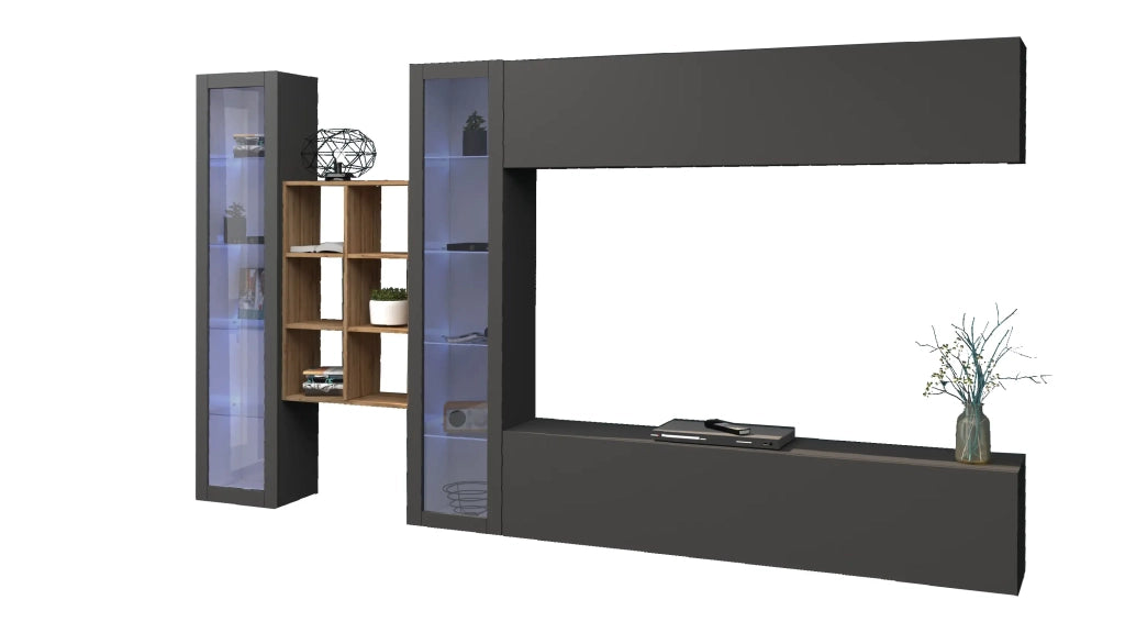 Parete attrezzata sospesa antracite mobile TV pensile 2 vetrine libreria legno Kary RT