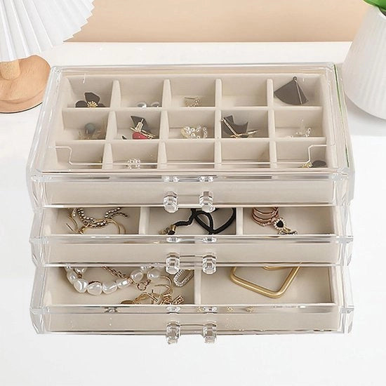 Organizzatore di accessori per orecchini, anelli, bracciali e collane in acrilico con inserti in velluto e contenitore trasparente - Beige 3 cassetti - Opbecher per accessori di moda per donne