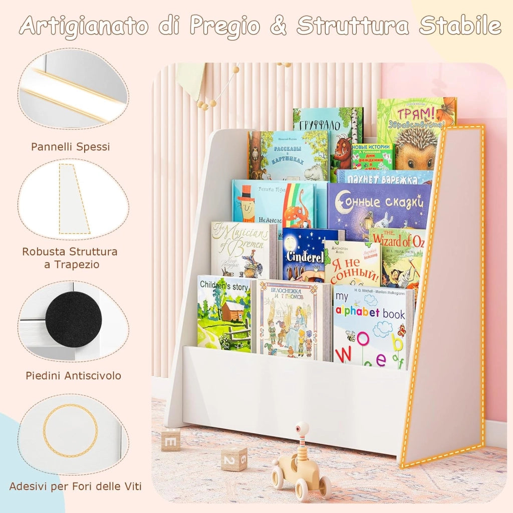 Libreria per Bambini a 4 Ripiani, Scaffale in Legno con Ampio Spazio di Esposizione, Porta Riviste per Camera dei Bambini Sala Giochi e Aula, 57,5x26,5x59 cm (Bianco)