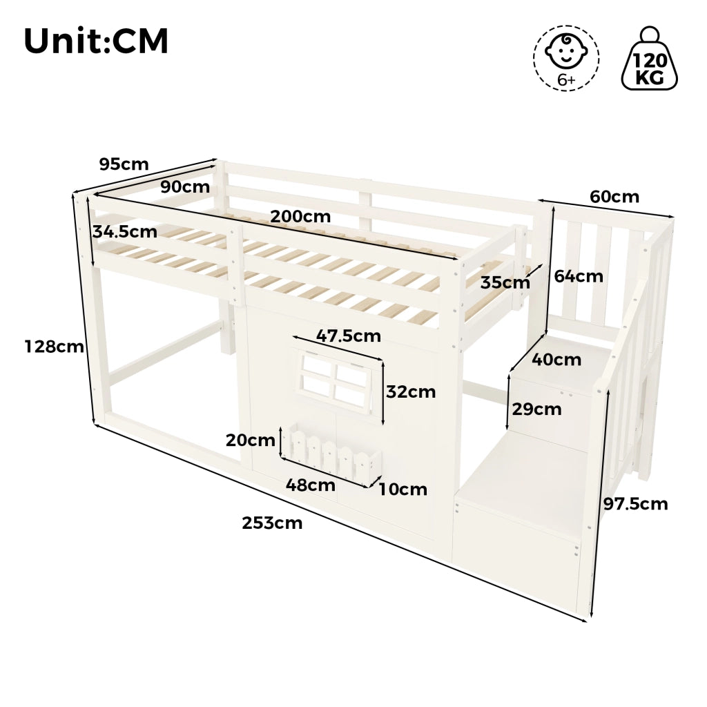 Letto a soppalco 90x200 cm in pino e MDF con scala contenitore e LED; bianco
